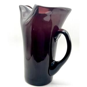 Vintage Plum Colored Art Glass Pitcher 9" Tall & 2 Tumblers Set Hand-Blown